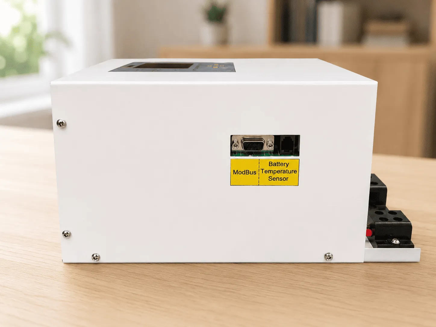 Side view with RS485 ModBus connector and battery temperature sensor connection