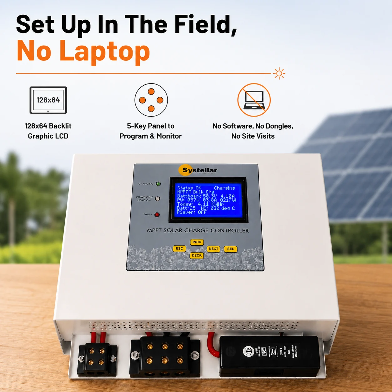 CC-MPPT-HV-300 sets up in the field with no laptop — 128x64 backlit graphic LCD and 5-key panel to program and monitor, no software, dongles or site visits