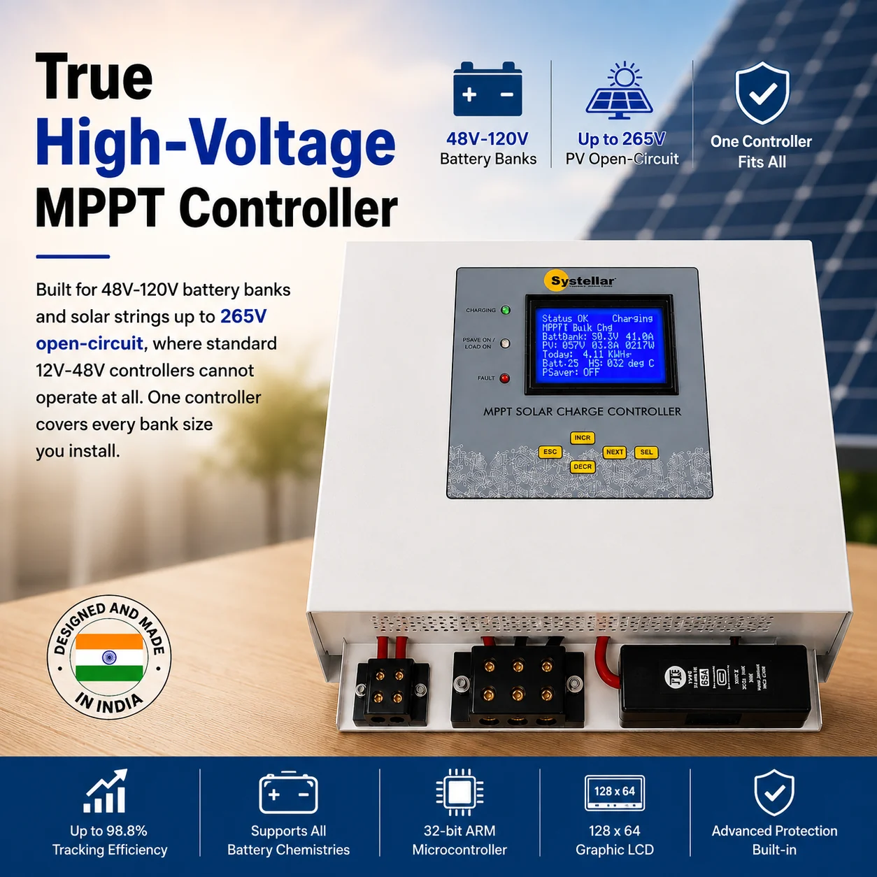 CC-MPPT-HV-300 true high-voltage MPPT controller built for 48V to 120V battery banks and solar strings up to 265V open-circuit, where standard 12V-48V controllers cannot operate