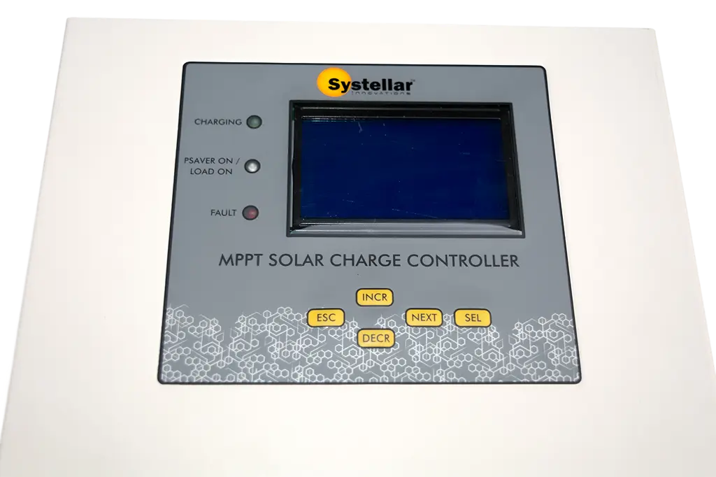 Systellar CC-MPPT-Gen6 industrial MPPT solar charge controller front panel with LCD display, status LEDs and keypad