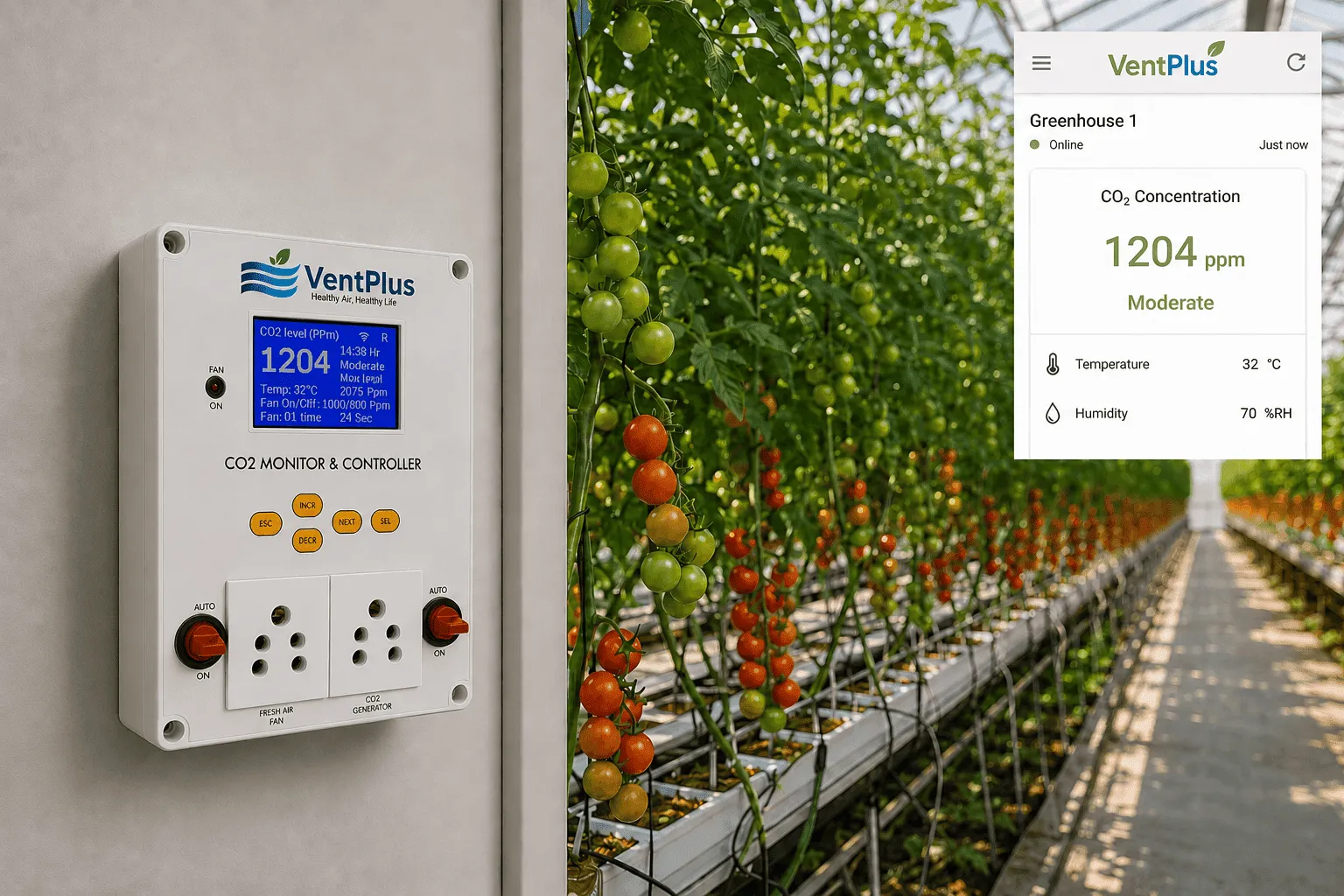 VentPlus CO2 monitor and controller installation green houses for Healthy Indoor Air for better plant growth