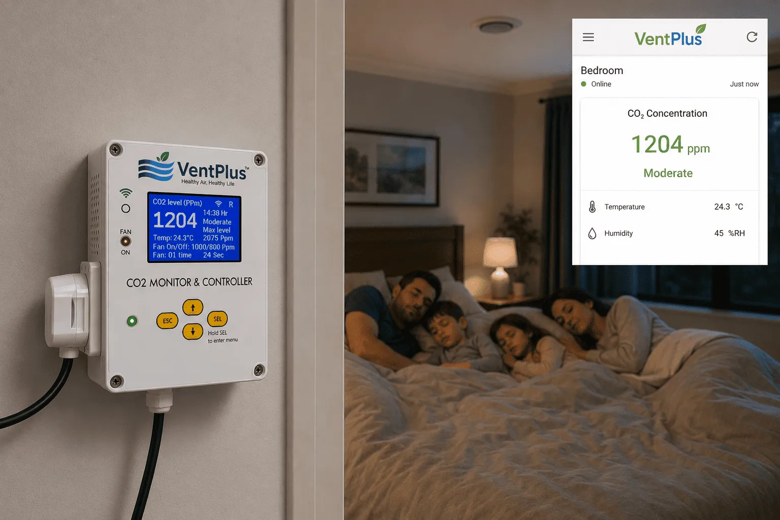 VentPlus CO2 monitor and controller installation in homes for Healthy Indoor Air and better sleep
