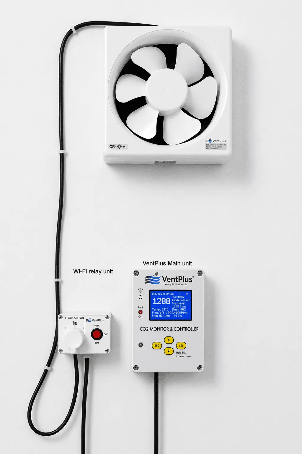 VentPlus CO2 monitor and controller typical setup with wi fi relay