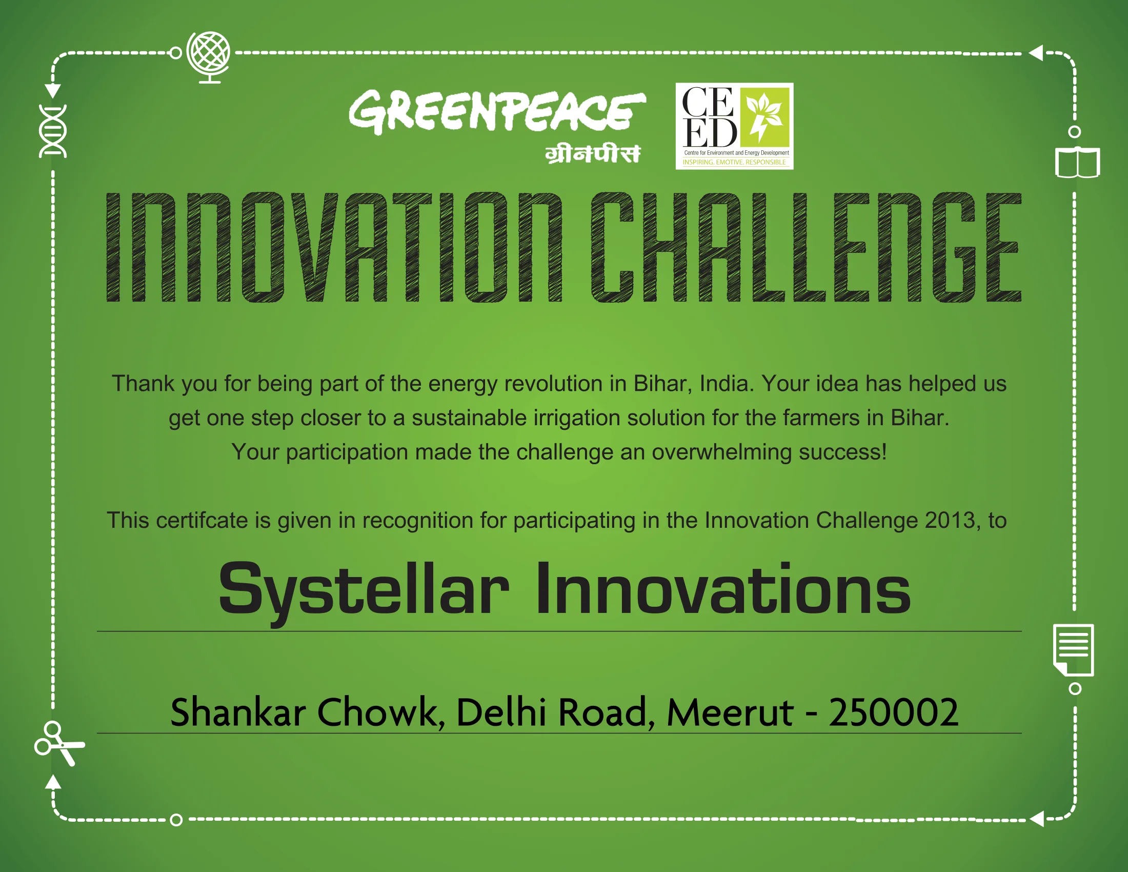 Greenpeace and CEED Innovation Challenge 2013 certificate awarded to Systellar Innovations