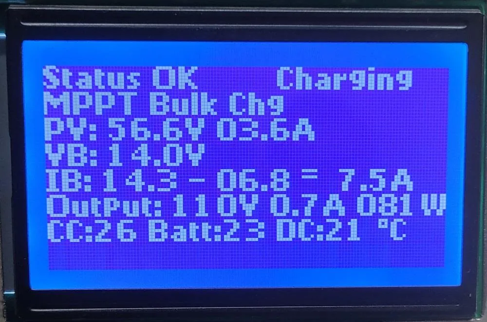 Rail Guard MPPT unit LCD display showing live charging parameters