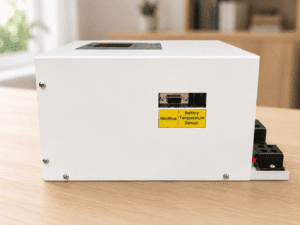 CC-MPPT-HV-300 high voltage MPPT solar charge controller side view with RS485 ModBus connector and Battery temperature sensor connection